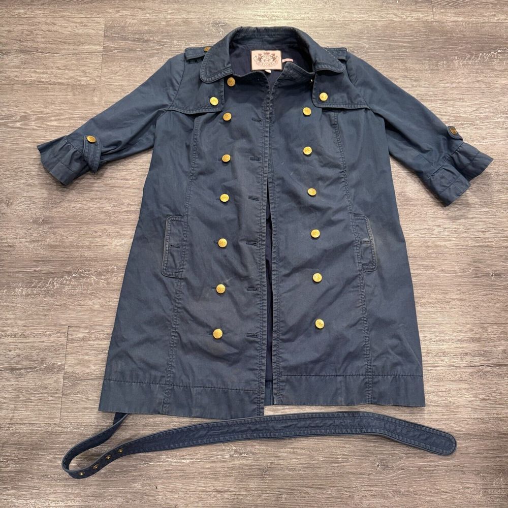 Juicy Couture Trench Coat Women S Blue Cotton Double Breasted Gold Button Preppy
